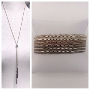 Adjustable Gold and Silver Lariat and Matching Leather Chain Wrap Bracelet